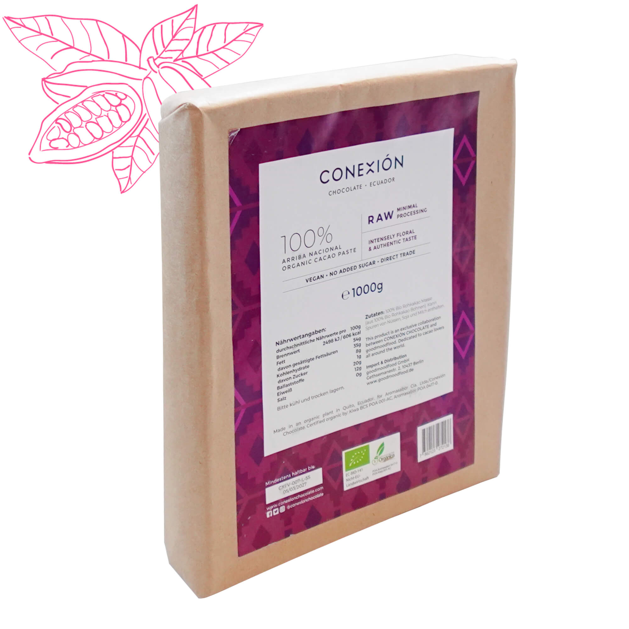 Raw cacao block, Ecuador, 1 Kg, organic